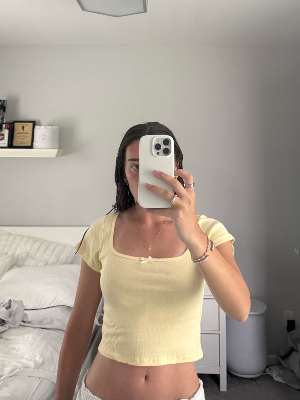 Soft Yellow Ribbed Scoop Crop Top with Front Bow